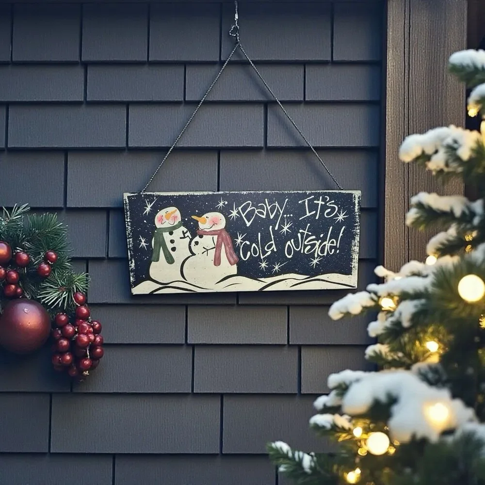 Wall Hanging Wood Snowman & Snow 'Baby It's Cold Outside' 18